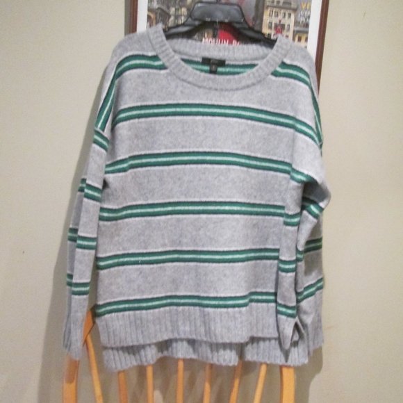 J Crew Soft Cozy Oversized Pullover Sweater Gray with Green White Black Stripes - Picture 1 of 2